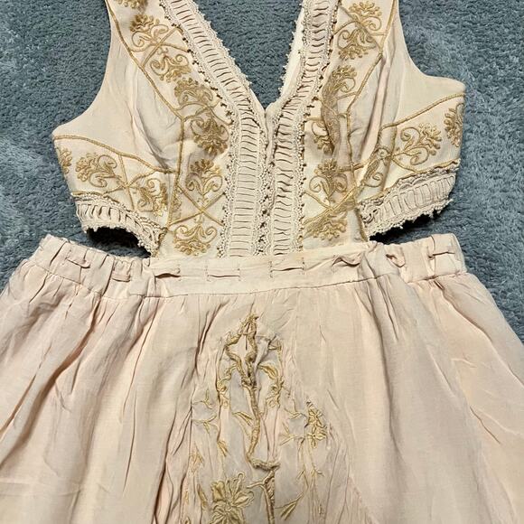 Free People Dress Womens 6 Honeysuckle Cutout Boho Dress Beige Tan Mini - Picture 2 of 9